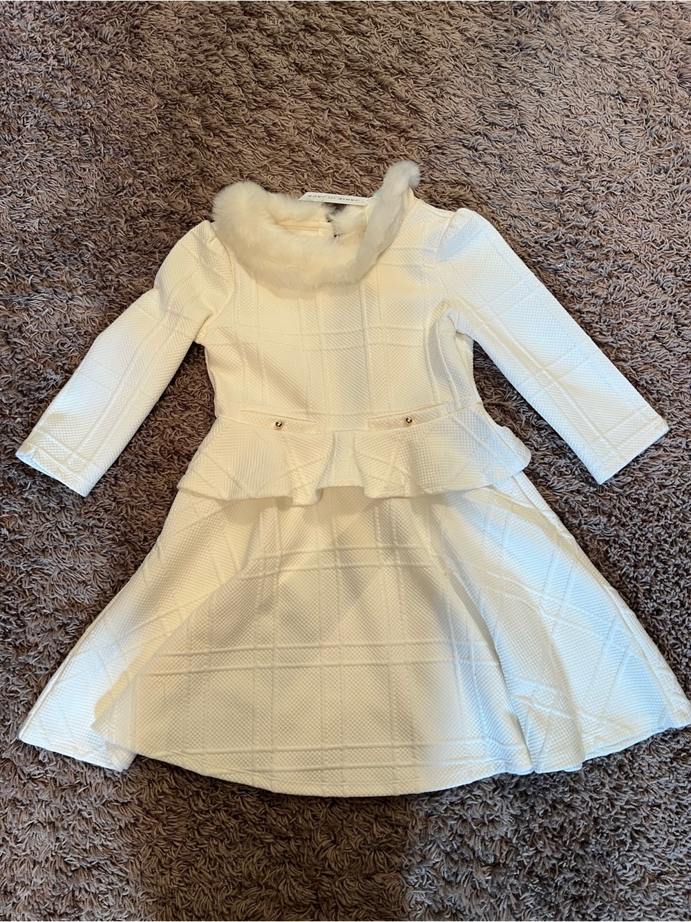 Janie and Jack Cream Textured Peplum Dress with Faux Fur Collar